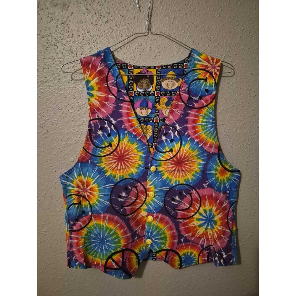 VTG Handmade Vest Reversible Childrens Faces Tie Dye Smiley Faces Fire Cracker - Picture 4 of 9